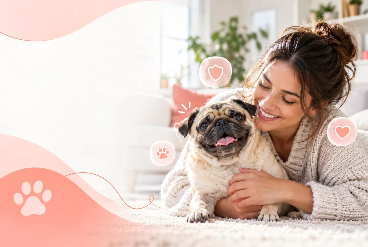 Woman holding a pug beside her on a sofa